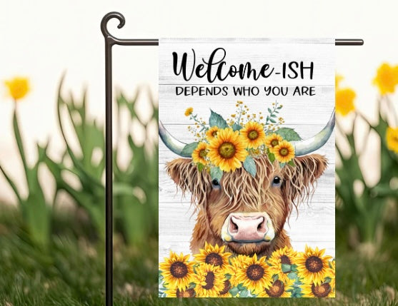 Welcome-ish cow Garden Flag