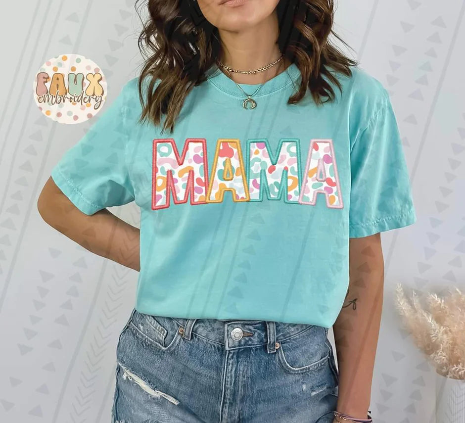 Mama colorful leopard Faux Embroidery tee TAT 3 WEEKS